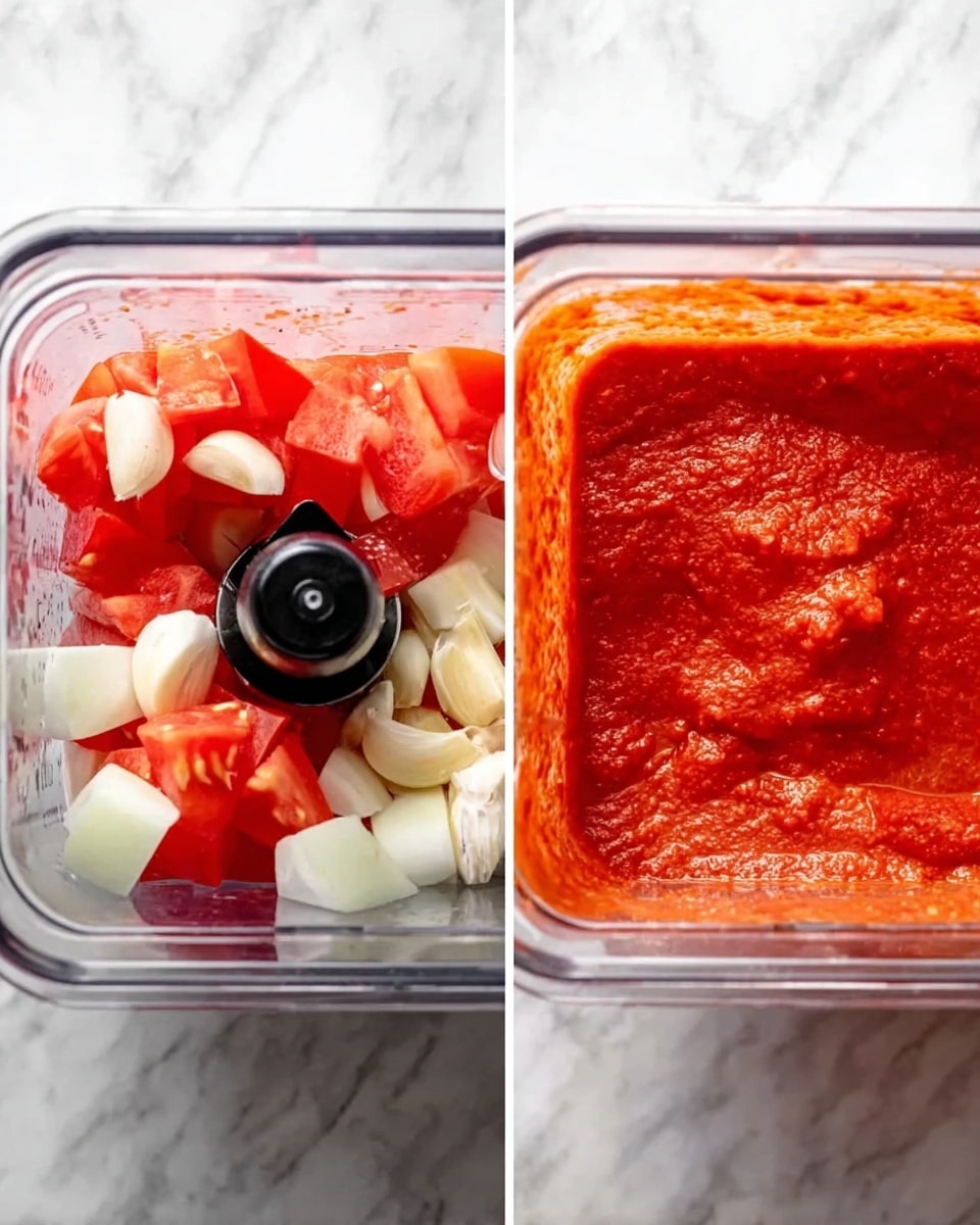 The image is split into two side-by-side close-up views of a clear blender container sitting on a white marbled surface. On the left, the blender is filled with large chunks of red tomatoes, white onion pieces, and small garlic cloves, all layered unevenly inside the square container with a black blade in the center. On the right, the same blender shows a smooth, bright red sauce with a thick, slightly textured surface coating the sides and pooling at the bottom. The lighting is natural and bright, highlighting the fresh colors of the ingredients. photo taken with an iphone --ar 4:5 --v 7