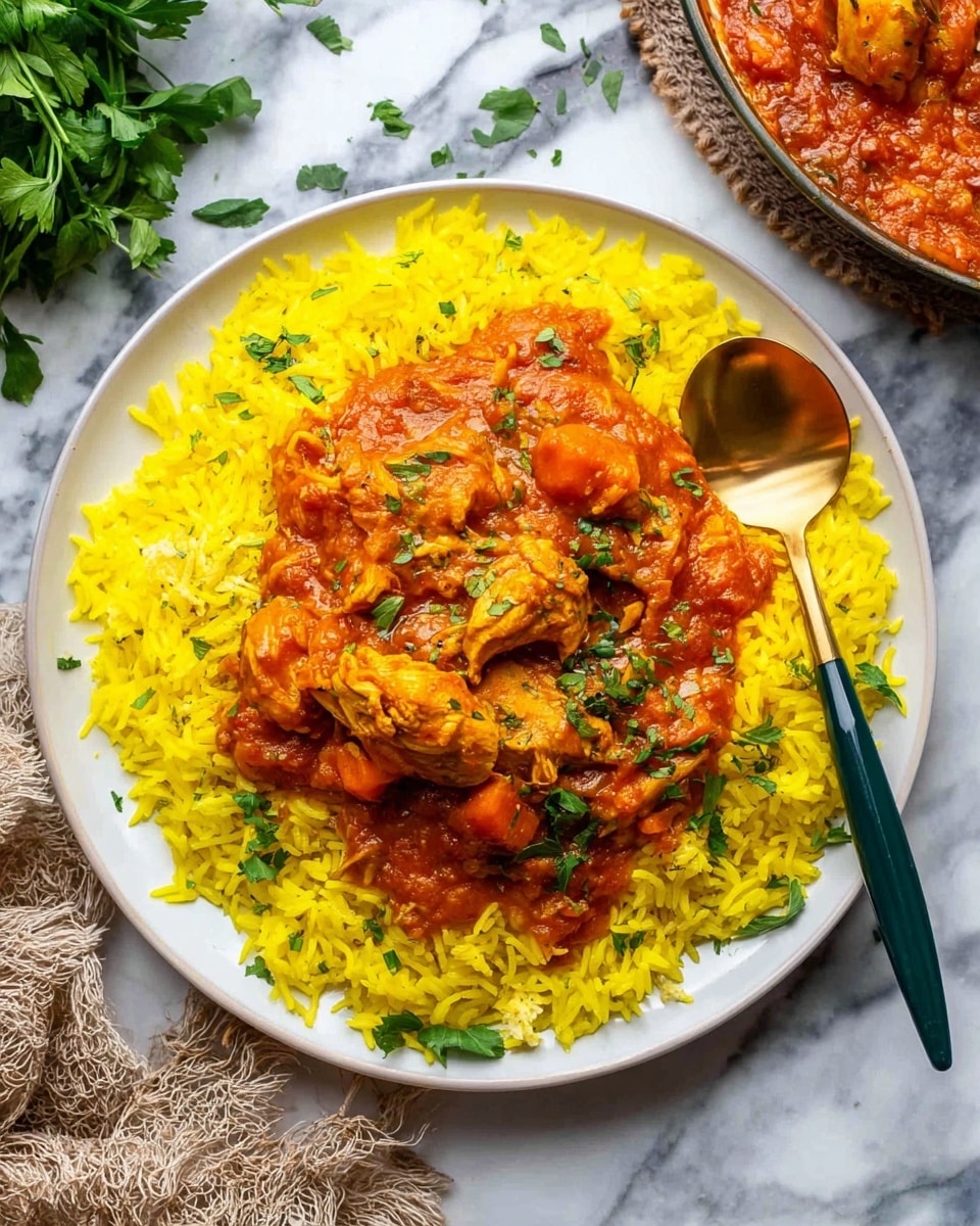 A white plate holds a layer of bright yellow rice spread evenly around the edges. On top, a thick layer of rich orange-red sauce covers pieces of tender chicken, with some orange carrot slices visible in the sauce. The dish is garnished with fresh green herbs scattered over the top. A golden spoon with a dark green handle rests on the right side of the plate. The plate sits on a white marbled textured surface with some green herbs and a textured cloth nearby. Photo taken with an iphone --ar 4:5 --v 7