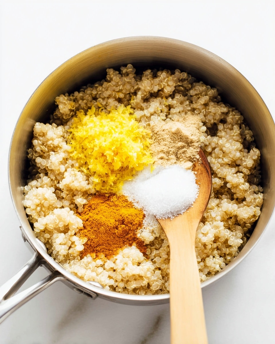 A silver pot filled with cooked beige quinoa, topped with separate piles of bright yellow lemon zest, white salt, orange turmeric powder, and a dollop of white coconut oil, with a light wooden spoon resting on the right side inside the pot. The background is white marbled texture photo taken with an iphone --ar 4:5 --v 7