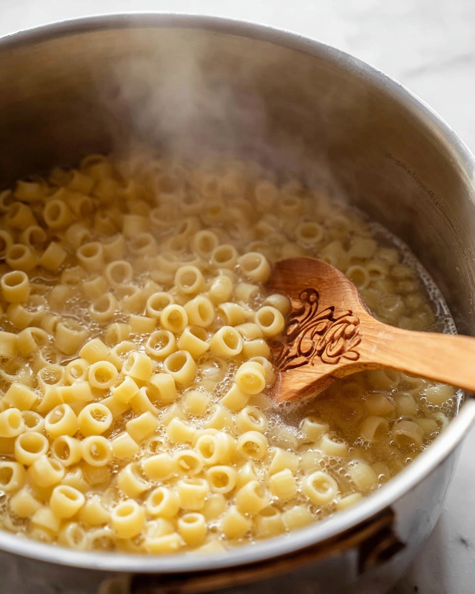 The image shows a close-up view of a silver pot filled with small, ring-shaped pasta boiling in water. The pasta is light yellow and looks soft, swirling with the moving water. A wooden spoon with a carved fork end is partially dipped in the pasta on the right side of the pot. The pot is on a white marbled surface, and steam rises gently above the pot, giving a warm, fresh cooking feel. photo taken with an iphone --ar 4:5 --v 7