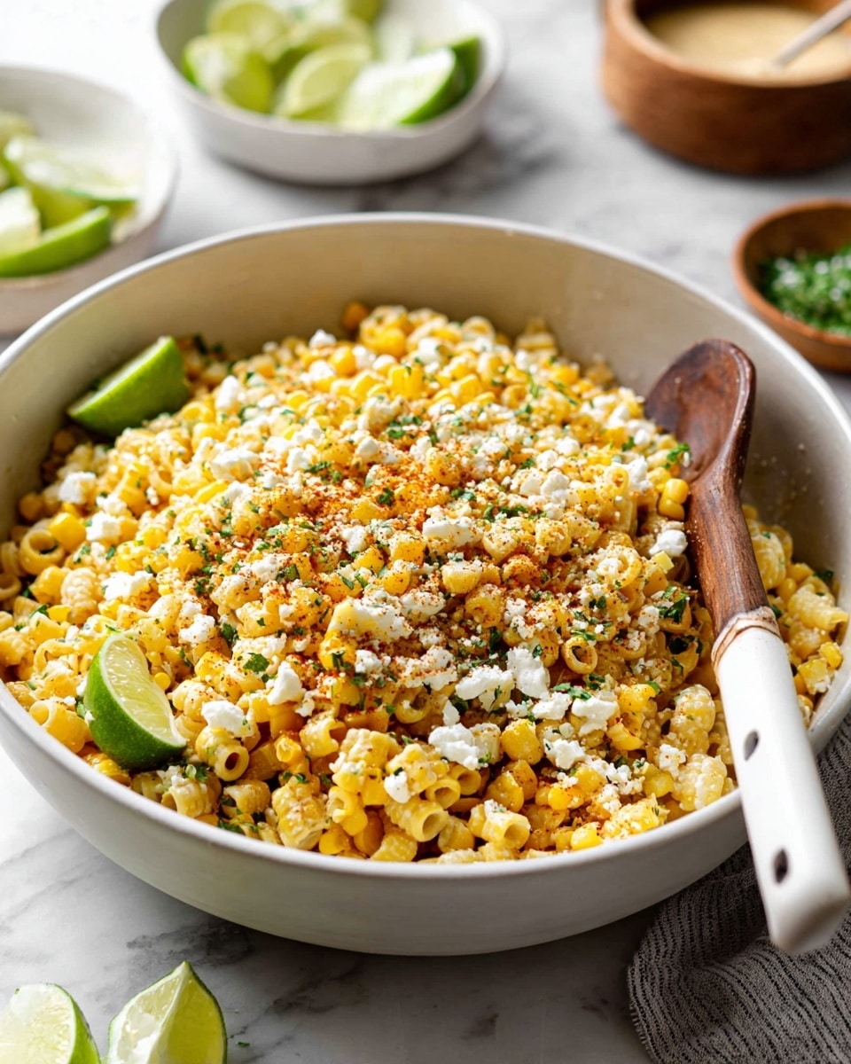 A white bowl filled with a mix of yellow corn kernels and small tube-shaped pasta, topped with white crumbled cheese and green herb sprinkles. There are light red spices sprinkled over the top, and three lime wedges placed on the surface, adding fresh green and light green colors. A wooden spoon with a white handle is resting on the right side inside the bowl. In the background, there are blurred white dishes with lime slices and a small brown bowl with creamy sauce on a white marbled surface. Photo taken with an iphone --ar 4:5 --v 7