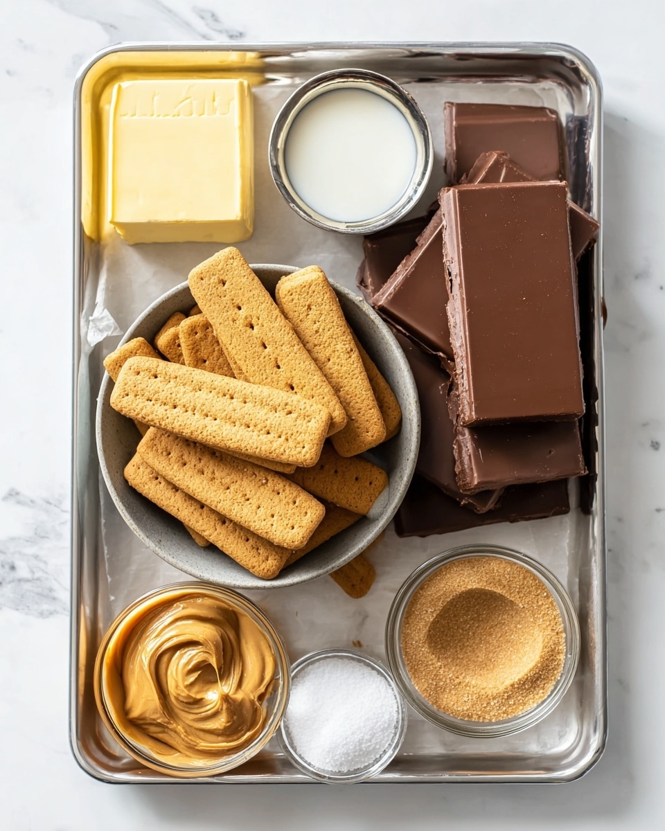 This image shows a baking tray with several ingredients arranged neatly on a white marbled surface. In the middle of the tray, there is a gray bowl filled with many rectangular light brown biscuits stacked unevenly. To the top right of the bowl, there are two large square blocks of dark brown chocolate. At the top left corner, there is a small silver bowl filled with white cream or milk, next to a solid block of yellow butter. At the bottom left of the bowl, there is a small glass bowl with smooth peanut butter, next to it a tiny bowl with white salt. At the bottom right of the tray, there is a small glass bowl filled with light brown sugar. The overall look is clean and organized, with natural light highlighting the different textures and colors. Photo taken with an iphone --ar 4:5 --v 7