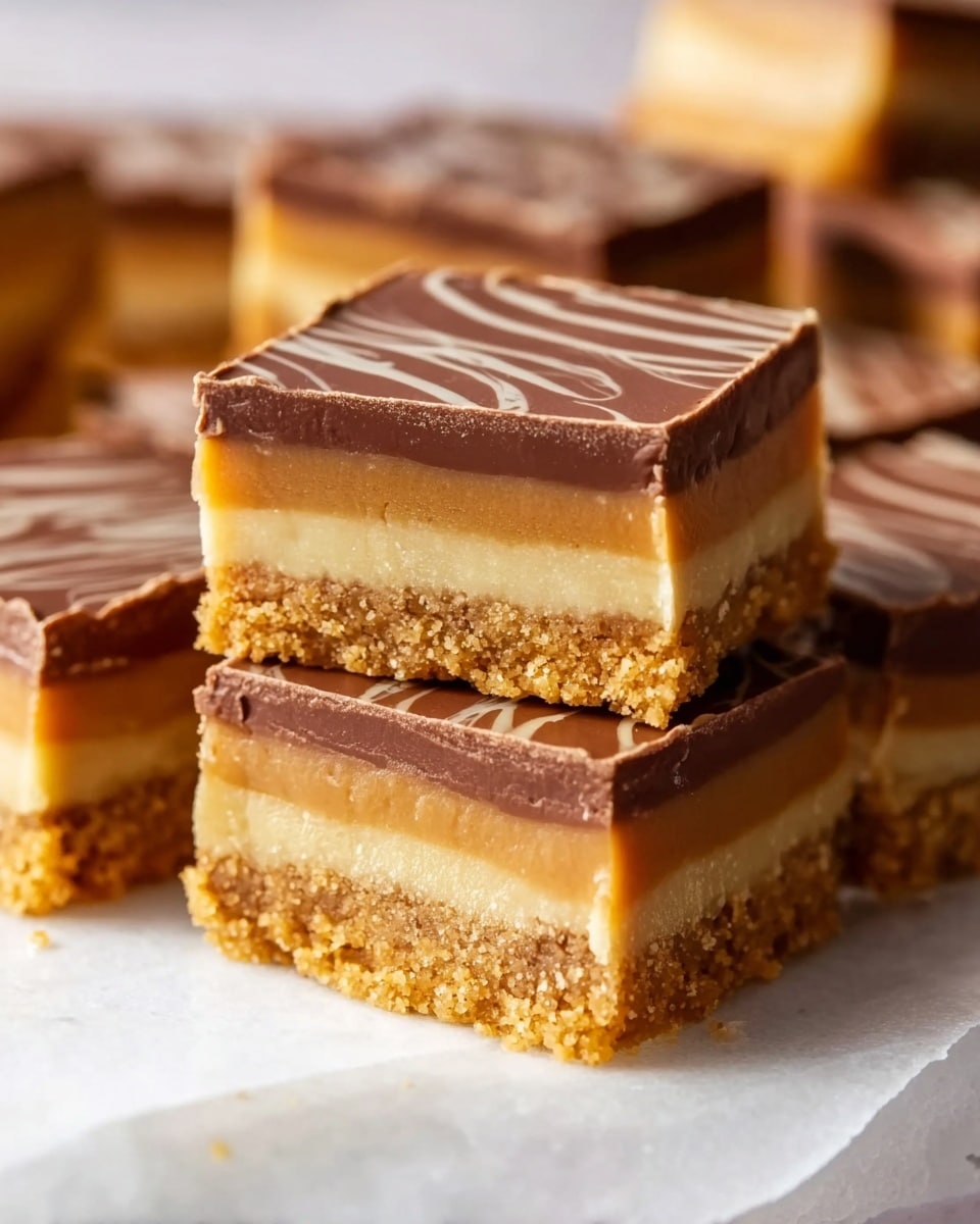 The image shows a close-up of layered dessert squares on a white marbled surface. Each square has three layers: the bottom layer is a crumbly golden-brown crust with a rough texture, the middle layer is a thick smooth and pale caramel-like filling, and the top layer is a solid layer of milk chocolate with a glossy finish and light striped patterns. The squares are stacked and placed close together in a casual arrangement. The background is softly blurred to focus on the dessert pieces. photo taken with an iphone --ar 4:5 --v 7