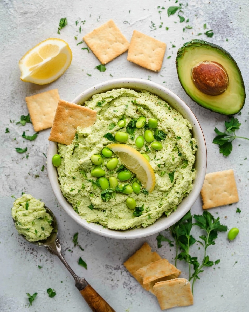 A white bowl filled with a thick, light green dip that has a slightly chunky texture, flecked with small green herb pieces. The dip is topped with a few bright green edamame beans and a small wedge of lemon partially embedded in it. A small golden-brown cracker is placed on the edge of the bowl, with a few more crackers scattered on the surrounding white marbled surface. A halved avocado with a large brown seed is placed to the right of the bowl. There are some green herbs sprinkled around the scene, and a silver spoon with a wooden handle holding a scoop of the same dip lies to the left of the bowl. Photo taken with an iphone --ar 4:5 --v 7