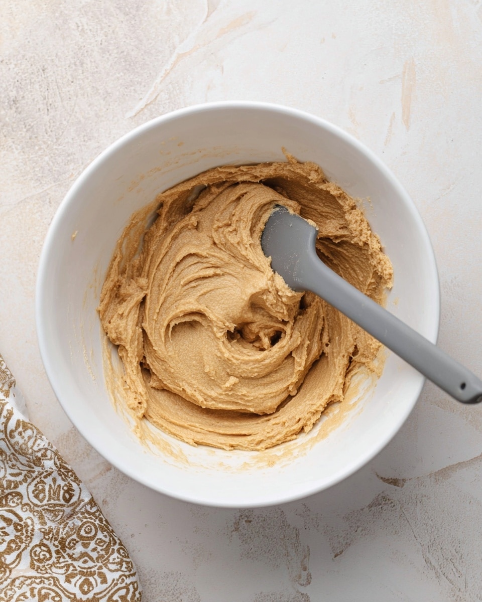 A top view of a white bowl filled with thick, creamy light brown dough that has a smooth yet slightly textured surface. A gray silicone spatula rests inside the bowl, partially covered with the dough, showing soft folds and swirls. The bowl sits on a white marbled surface with soft gray and beige tones, giving a clean and bright setting. A corner of a patterned light brown and white cloth is visible at the bottom left. photo taken with an iphone --ar 4:5 --v 7