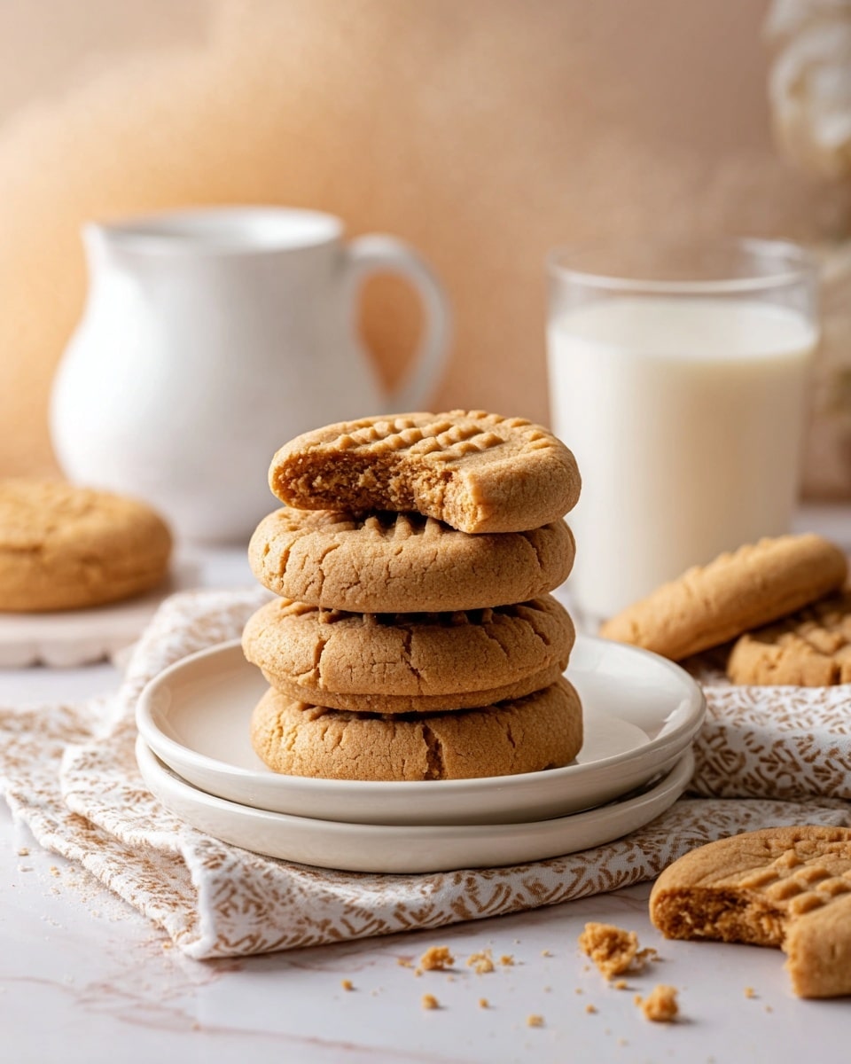 A stack of five light brown cookies with a textured pattern on top sits in the center on two white plates stacked together, placed on a folded beige and white patterned cloth. The top cookie has a bite taken out, showing a crumbly inside. To the right of the stack is a clear glass filled with milk, and to the left in the background is a white jug with a handle. More cookies are scattered around on the white marbled surface. The background is soft and blurred with warm tones. photo taken with an iphone --ar 4:5 --v 7