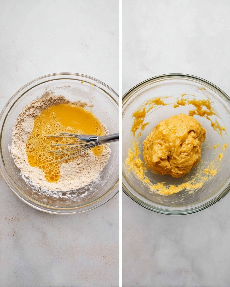 Two glass bowls sit side by side on a white marbled surface. The left bowl contains a mixture in progress, with a thick ring of dry flour surrounding a yellow-orange wet mixture being stirred by a metal fork, showing bubbles and some lumps within the liquid. The right bowl shows the dough formed into a compact ball, smooth and slightly sticky, with remnants of the dough clinging to the sides of the bowl. The overall colors range from pale beige flour to warm orange dough with a clear glass texture of the bowls visible. Photo taken with an iphone --ar 4:5 --v 7