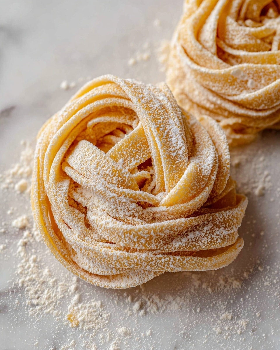 The image shows a close-up of two nests of uncooked pasta made by layering thin, flat strips of dough twisted into a circular shape. Each nest has many layers, with a soft yellowish color dusted lightly with white flour, creating a powdery texture on the surface. The pasta nests rest directly on a white marbled surface, and flour bits are scattered around them, adding to the rustic feel. Photo taken with an iphone --ar 4:5 --v 7