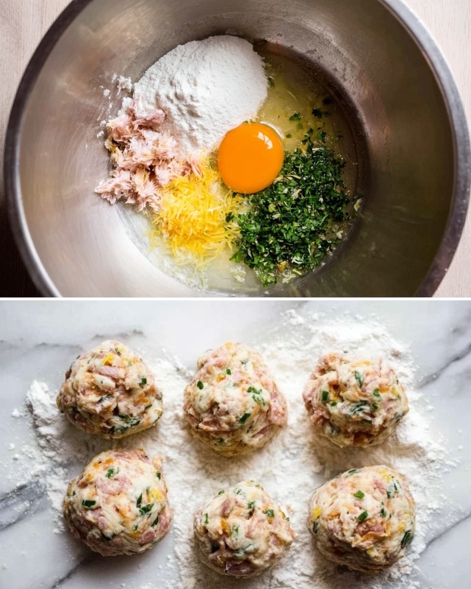 In the first part of the image, there is a large metal bowl with different ingredients placed on top of each other inside it: a single orange egg yolk, white flour, some kind of chopped light pink meat, yellow zest, a small pile of chopped green herbs, and a light liquid visible around the edges. The second part shows five round dough balls on a white marbled surface dusted with white flour. The dough balls are textured with visible pieces of meat and herbs mixed throughout. photo taken with an iphone --ar 4:5 --v 7