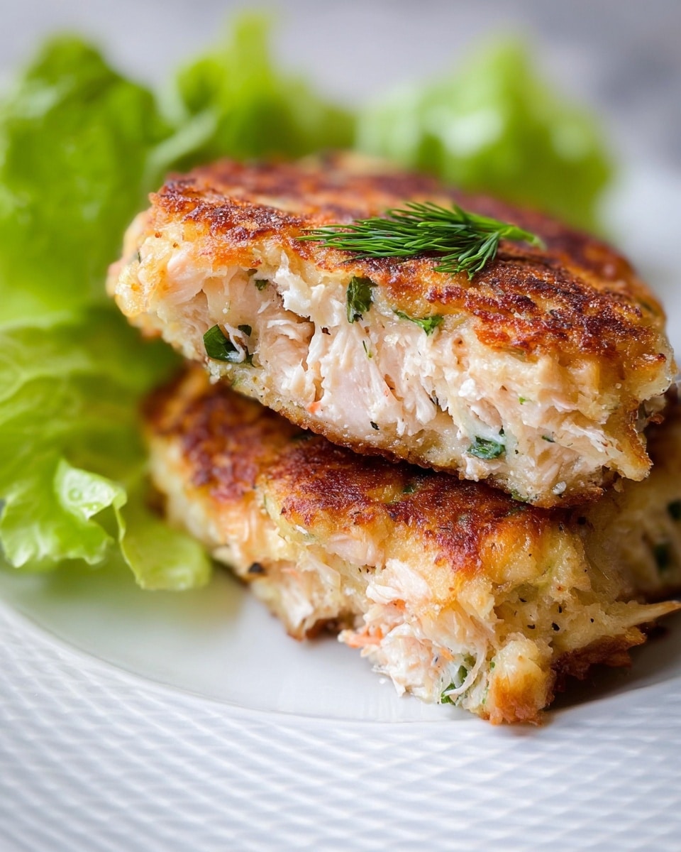The image shows two stacked pieces of a golden brown fish cake with a crispy and slightly uneven surface, revealing soft, flaky white and pink fish inside, mixed with green herbs. A fresh green lettuce leaf rests on top of the stack. The food is served on a white plate with a subtle textured pattern, sitting on a white marbled surface. photo taken with an iphone --ar 4:5 --v 7
