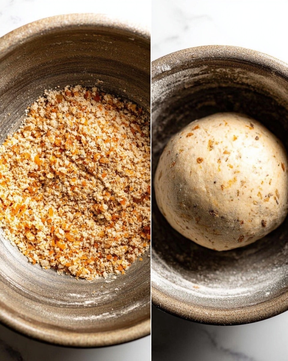The image shows two metal bowls side by side on a white marbled surface. The bowl on the left contains a crumbly mixture with small orange and beige pieces, looking dry and coarse in texture. The bowl on the right holds a smooth, round ball of dough with small orange and brown specks, resting in the middle of the bowl with some flour dusting the sides. The lighting is soft, highlighting the textures in both bowls. Photo taken with an iphone --ar 4:5 --v 7