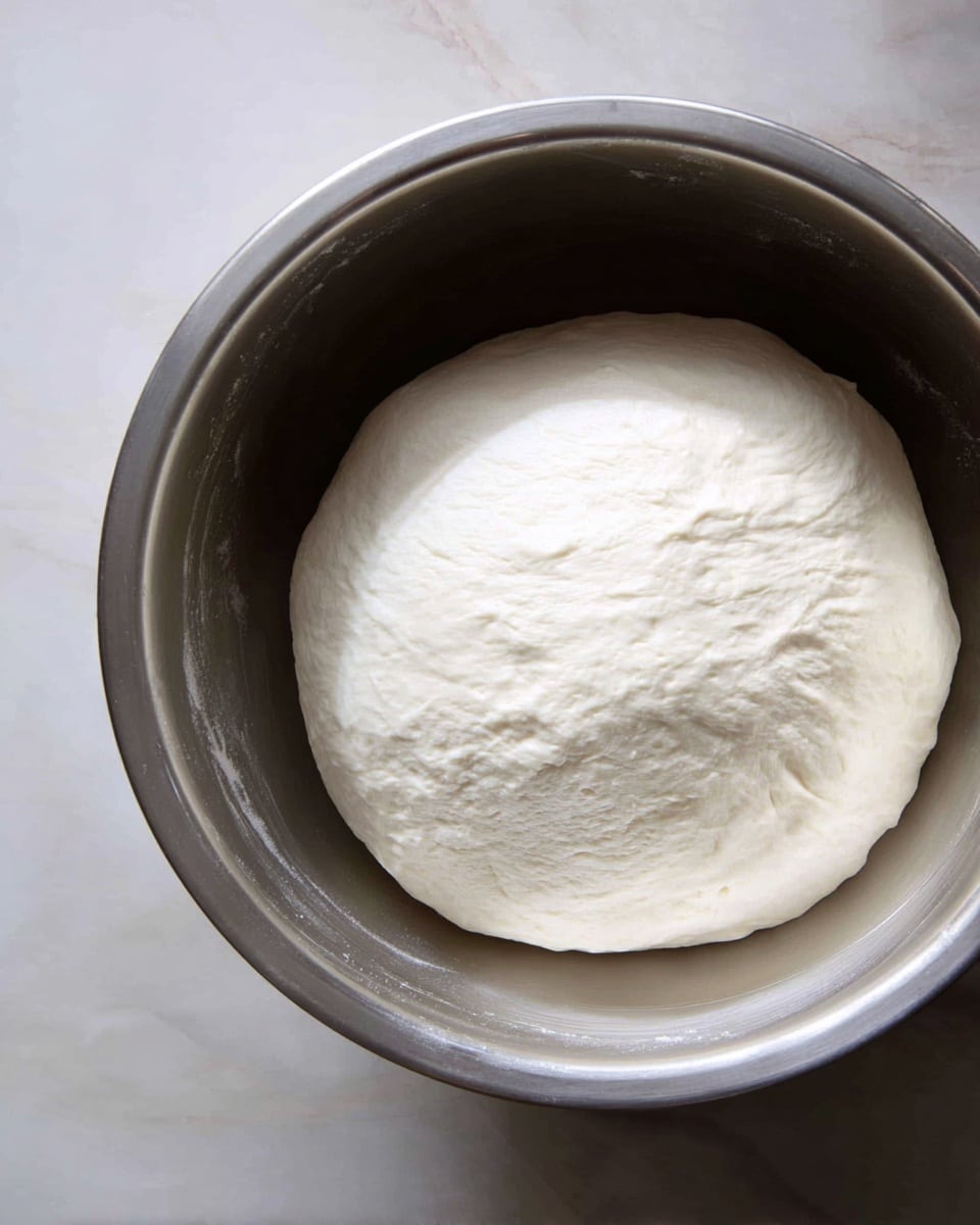 A smooth, round ball of white dough sits inside a shiny silver metal bowl. The dough has a soft, slightly uneven texture with small creases on the surface. The bowl is placed on a white marbled textured surface. photo taken with an iphone --ar 4:5 --v 7
