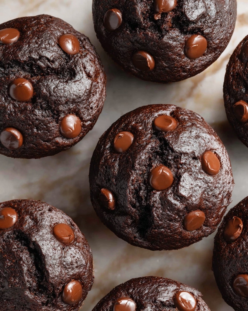 The image shows several thick, dark chocolate muffins closely placed together on a white marbled surface. Each muffin has a soft, moist texture with cracks on the top, and is decorated with large, shiny milk chocolate chips embedded across the surface in varying numbers and positions. The rich dark brown color of the muffins contrasts with the lighter brown of the chocolate chips, making them clearly visible. The overall scene is warm and inviting, focusing closely on the muffins' tops. photo taken with an iphone --ar 4:5 --v 7