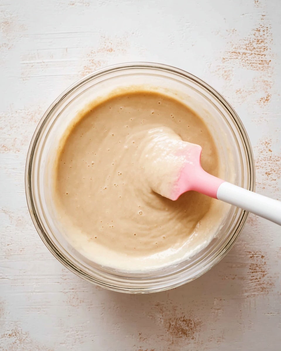 A clear glass bowl filled with a smooth, creamy batter that is pale beige in color, being stirred by a pink and white spatula. The batter appears thick and slightly glossy with a few small air bubbles on the surface. The bowl is placed on a white marbled texture surface with some rustic brown spots visible. photo taken with an iphone --ar 4:5 --v 7