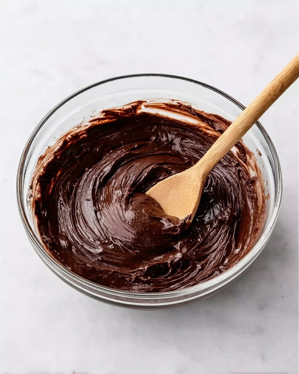 A clear glass bowl showing a thick, dark brown chocolate mixture inside, with visible creamy swirls and smooth texture. A wooden spoon rests in the bowl, partially covered with the chocolate batter. The bowl is set on a white marbled surface, creating a bright and clean background. Photo taken with an iphone --ar 4:5 --v 7