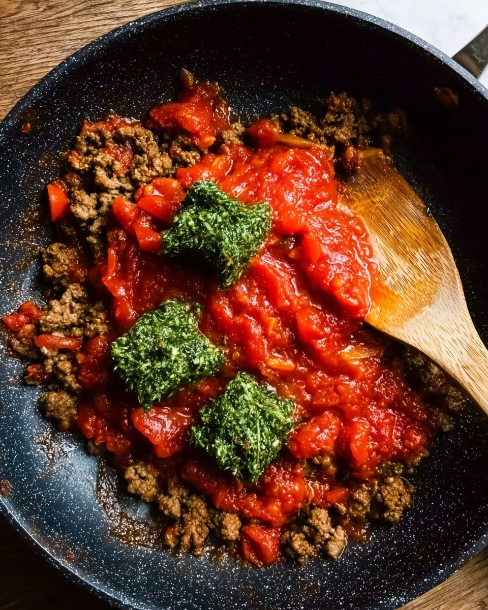 The image shows a close-up of a black speckled pan filled with a cooked ground meat layer covering the bottom, topped unevenly with bright red chunky tomato sauce. Four chunks of green herb mixture are placed on top of the sauce around the pan. A wooden spatula rests inside the pan, partially submerged in the mixture. The pan is on a wooden surface but for the description, imagine a white marbled texture background and surface. photo taken with an iphone --ar 4:5 --v 7