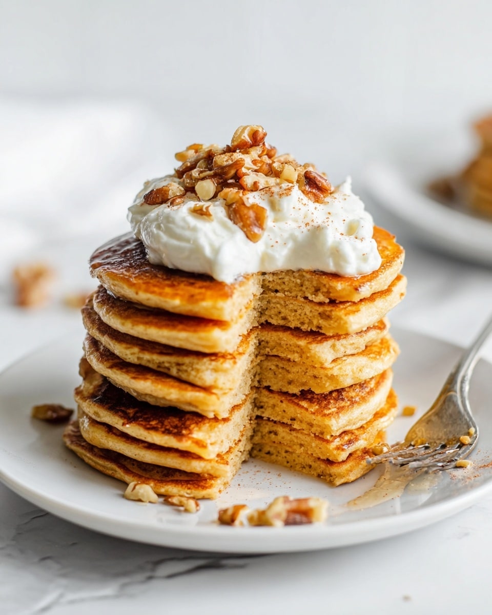 A stack of six thick, golden-brown pancakes sits on a white plate over a white marbled surface. The pancakes have a soft texture with visible air pockets inside and a slightly darker crust on the edges. On top of the stack is a generous layer of white whipped cream, with a small pile of chopped walnuts and a sprinkle of cinnamon. A silver fork with some walnuts beside it rests on the plate near the stack. The background is bright and blurred, making the pancakes the clear focus. Photo taken with an iphone --ar 4:5 --v 7