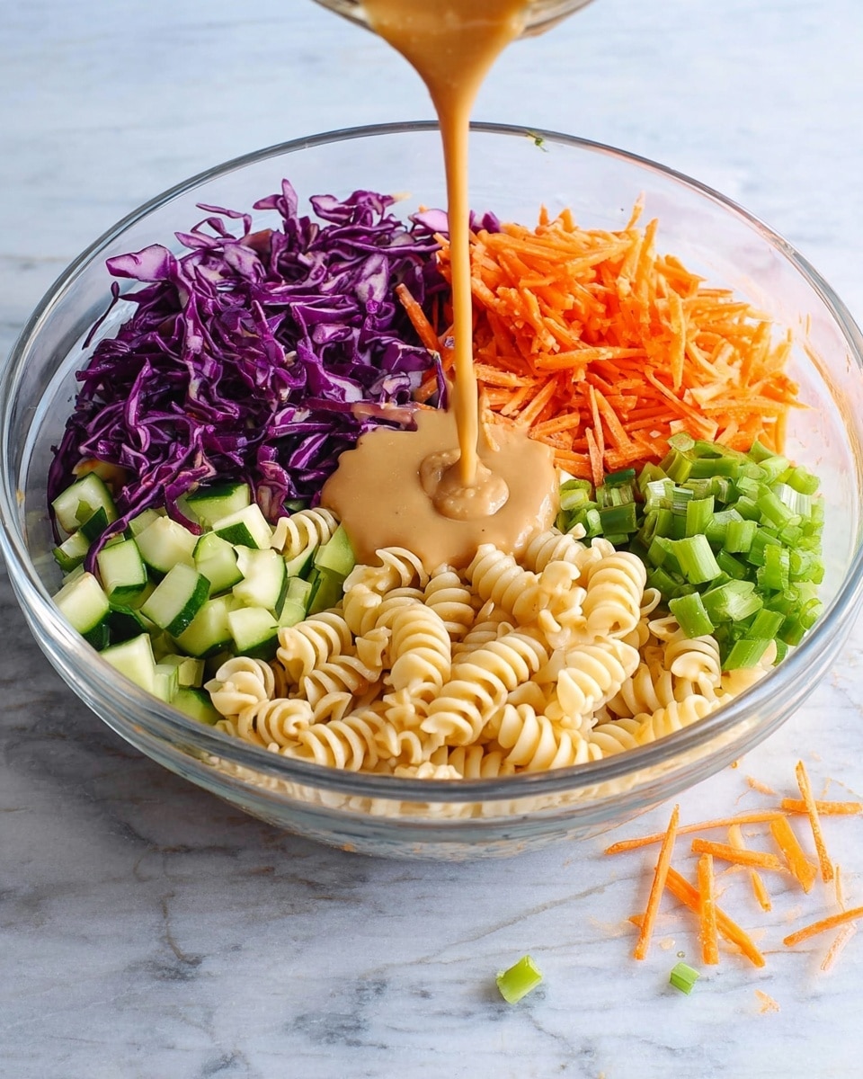 A clear glass bowl sitting on a white marbled surface holds four main layers arranged side by side in sections: light beige spiral pasta at the bottom center, bright purple shredded cabbage on the left, small dark green cucumber cubes next to the cabbage, shredded orange carrots on the top right, and chopped light green scallions on the bottom right. A jar pours a smooth, tan dressing directly over the pasta in the middle, creating a thick stream that pools slightly. A few stray carrot shreds and scallions lie scattered nearby on the white marbled surface. Photo taken with an iphone --ar 4:5 --v 7