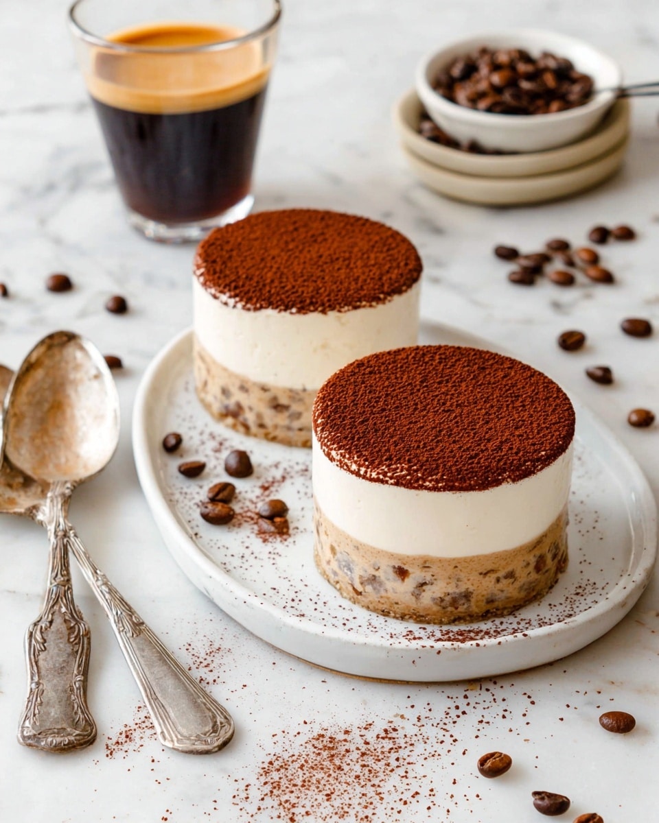 Two round layered desserts are placed on a white plate with cocoa powder and coffee beans scattered around. Each dessert has three layers: a bottom light brown layer with visible small pieces, a smooth white middle layer, and a top layer dusted thickly with dark brown cocoa powder. To the left of the plate, two vintage silver spoons rest on the white marbled surface. A glass cup filled with dark coffee sits behind the plate. A small white bowl with whole coffee beans and a sieve with cocoa powder on a light-colored saucer are also visible on the white marbled background. photo taken with an iphone --ar 4:5 --v 7