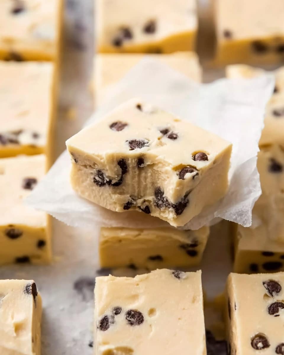 The image shows a close-up of small square pieces of light beige fudge with dark chocolate chips mixed inside. One piece is lifted on a white piece of parchment paper, showing smooth, creamy texture and several chocolate chips inside. The fudge blocks are evenly cut and arranged tightly in the background. The surface beneath is a white marbled texture. The focus is on the lifted square with soft edges and a small bite taken from it. Photo taken with an iphone --ar 4:5 --v 7