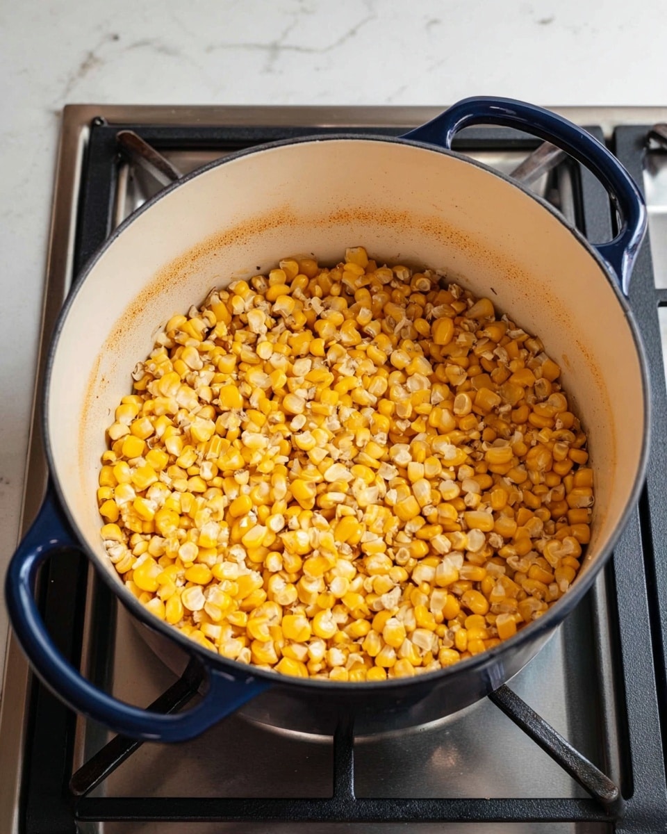 A round white pot with dark blue handles sits on a gas stove with black grates. Inside the pot, there is one layer of cooked yellow and white corn kernels, some with light brown spots showing they have been lightly fried or roasted. The inner sides of the pot have brown marks from cooking. The background surface is a white marbled texture photo taken with an iphone --ar 4:5 --v 7