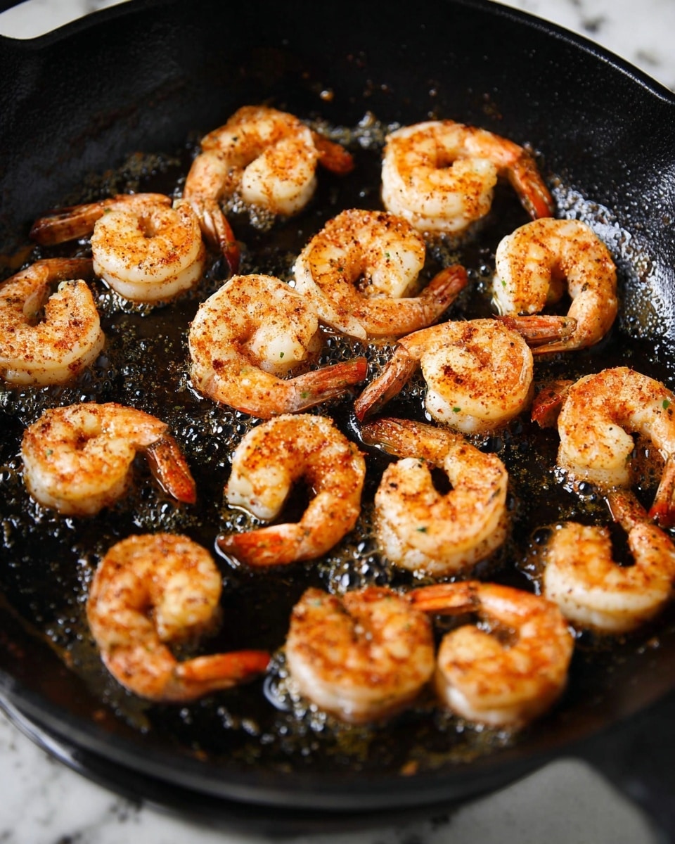 A black cast iron pan holds about sixteen medium-sized shrimp spaced evenly across the surface. Each shrimp is coated with a reddish seasoning, showing a mix of light orange and brown colors, with some areas of white where they are cooked. The shrimp have a slightly shiny texture from cooking oil. The pan has a smooth, slightly reflective black inside with some small oil bubbles visible. The background is a white marbled texture. Photo taken with an iphone --ar 4:5 --v 7