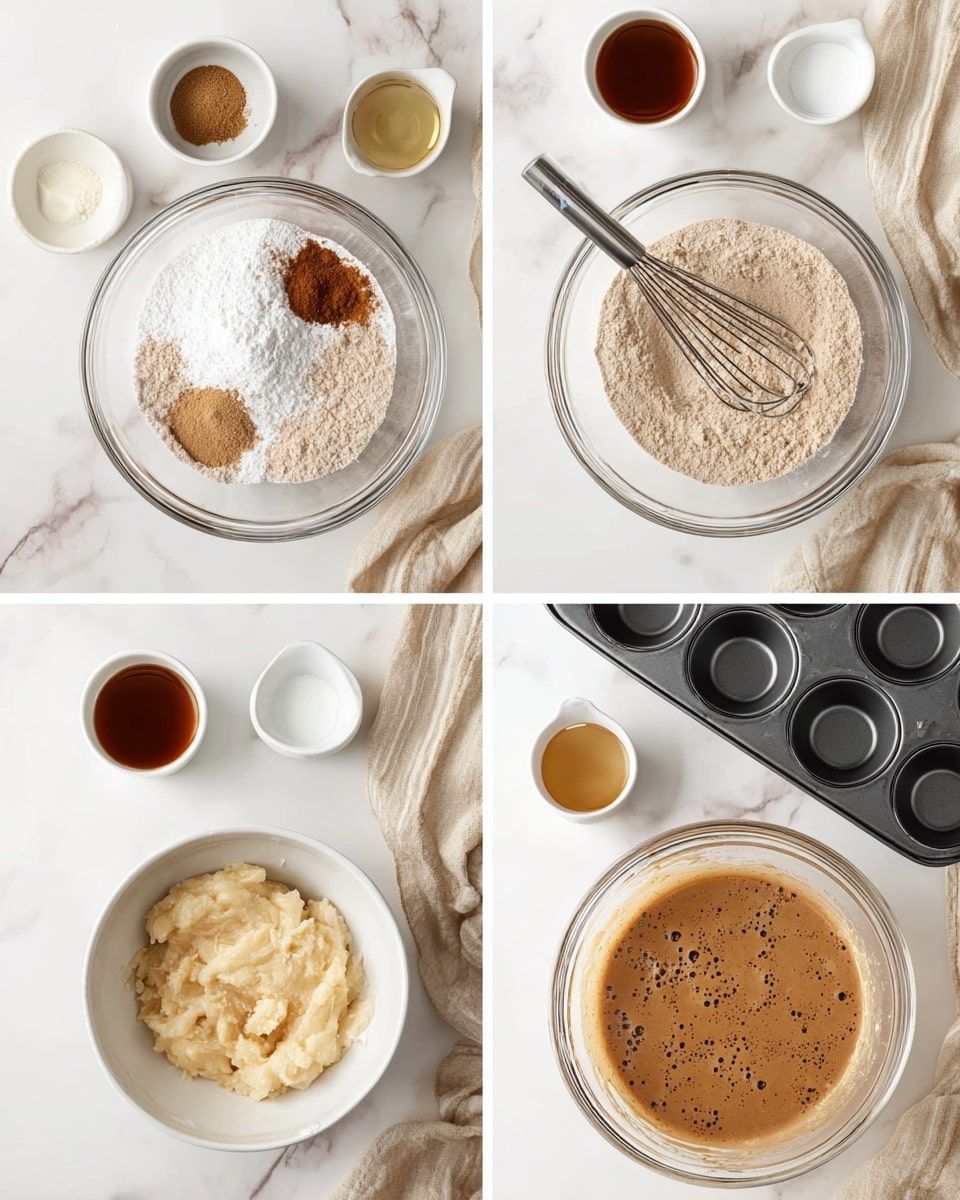 Four images show the process of mixing ingredients on a white marbled surface. Top left image has a clear glass bowl filled with dry powder layers including white flour, brown sugar, ginger powder, and cinnamon powder, with a metal whisk near it, small bowls of vanilla extract and milk, and a light beige towel. Top right image shows the same bowl with the powders mixed into a light brown flour blend and the metal whisk inside it. Bottom left image has a smaller clear bowl holding white cream and brown liquid, and a white bowl filled with mashed bananas beside it. Bottom right image shows the smaller bowl with these liquids mixed into a smooth brown batter with bubbles, and the metal whisk inside it. A dark muffin tray appears in the top right corner in all images. Photo taken with an iphone --ar 4:5 --v 7