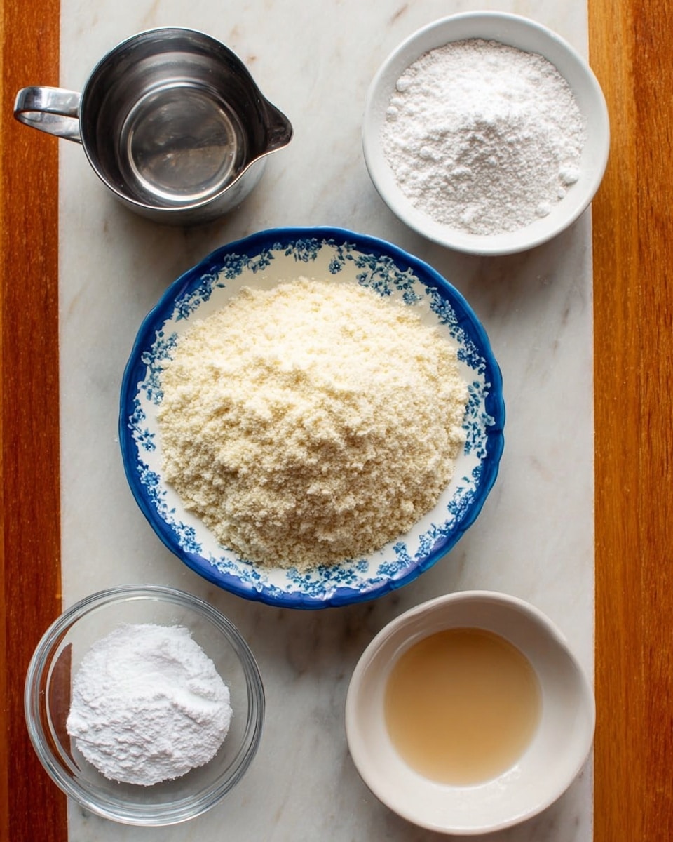 The image shows five bowls with different baking ingredients arranged on a white marbled surface. In the center is a white bowl with blue floral edges filled with finely ground almond flour, mounded in the middle. Above it to the right is a white bowl containing white powdered sugar with a soft texture. Above to the left is a small shiny metal pitcher with a clear liquid, likely water. Below to the left is a small clear glass bowl holding white baking powder or baking soda. Below to the right is a small white bowl containing a light brown liquid, likely vanilla or another extract. The bowls are spaced evenly on the surface, with a wooden backdrop visible underneath the bowls. photo taken with an iphone --ar 4:5 --v 7