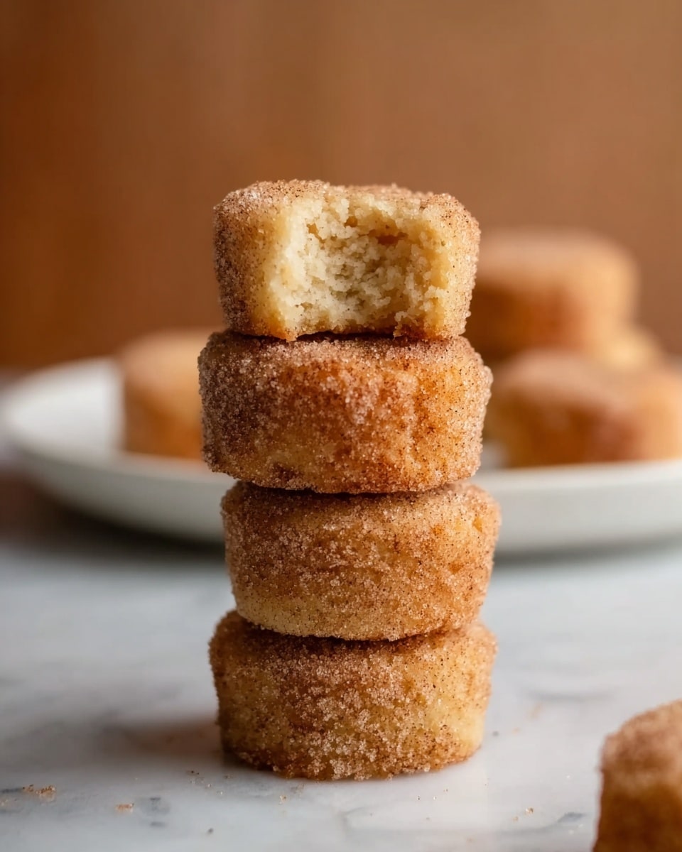 The image shows a stack of four small round cakes with a crumbly texture, dusty with a light brown cinnamon-sugar coating. The top cake has a bite taken out of it, revealing a soft, light beige inside. The cakes are placed on a smooth white marbled surface, with blurred out similar cakes in the background on a white plate. A woman's hand with manicured nails gently steadies the stack from the right side of the image. Photo taken with an iphone --ar 4:5 --v 7