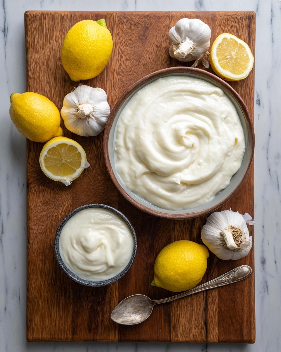 A large bowl filled with creamy, smooth white garlic sauce with soft swirls on the surface sits on the right side of a wooden cutting board, next to a smaller bowl of the same sauce with a spoon inside it on the left. Around the bowls, there are three whole garlic bulbs and three bright yellow lemons, two of which are whole and one sliced in half showing the juicy inside. A tarnished silver spoon lies near the bottom of the board. The wooden board is placed on a white marbled surface. Photo taken with an iphone --ar 4:5 --v 7