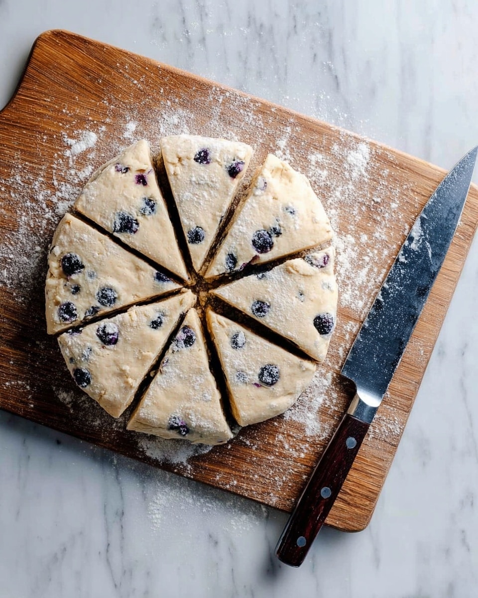 The image shows a round dough with blueberries mixed in, placed on a wooden cutting board sprinkled with white flour. The dough is divided into eight triangular pieces with clean, straight cuts. Blueberries are visible inside the dough, creating dark blue spots within the light beige dough layer. To the right side of the cutting board, there is a large knife with a dark wooden handle resting on the flour-dusted surface. The background is a white marbled texture. photo taken with an iphone --ar 4:5 --v 7