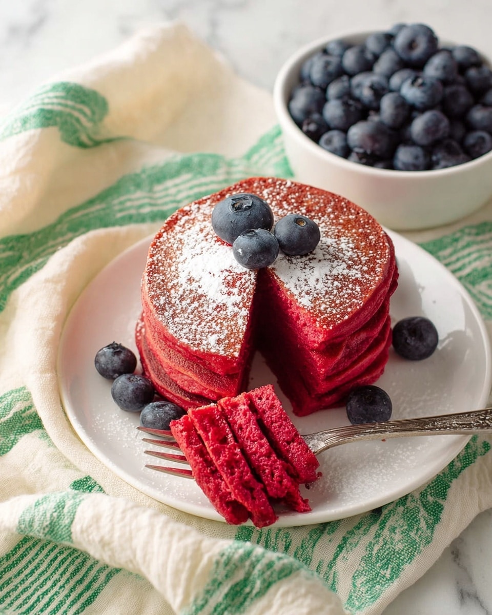 A stack of four bright red pancakes is placed on a white plate, with a slice taken out and held by a silver fork. The top pancake is dusted lightly with white powdered sugar and topped with two fresh blueberries. Around the plate are a few more blueberries, adding a pop of dark blue color. Behind the plate is a round white bowl filled with many blueberries. The dish is set on a white marbled surface, partly covered by a cream-colored cloth and a green-and-white striped towel. photo taken with an iphone --ar 4:5 --v 7