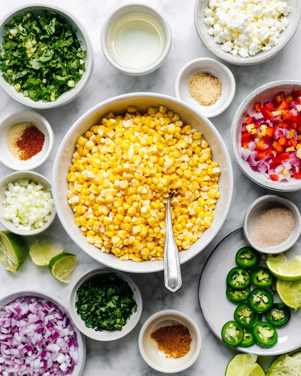 A large white bowl filled with bright yellow corn kernels sits in the center, with a silver spoon resting inside. Around it are smaller white bowls arranged in a circle, filled with finely chopped red onions, green peppers, red bell peppers, crumbled white cheese, green herbs, chili powder, and light brown spices. There are also small white bowls with clear liquid and a dry ingredient, as well as slices of lime and jalapeño peppers on a white plate. The background is a white marbled texture. photo taken with an iphone --ar 4:5 --v 7