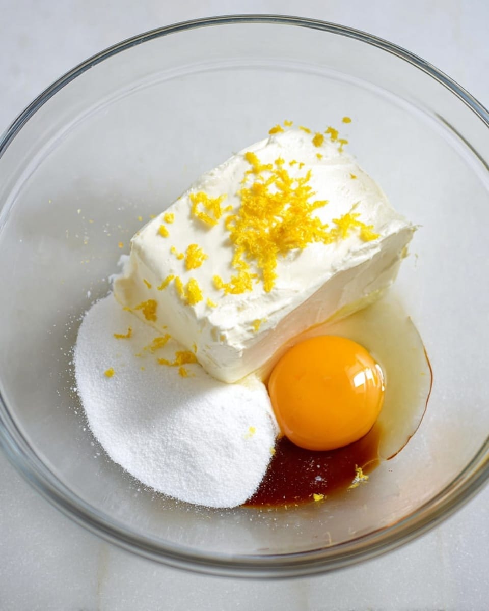 A clear glass bowl sits on a white marbled surface, holding four main ingredients arranged separately inside. At the center is a large block of smooth white cream cheese, topped with small bright yellow lemon zest pieces scattered unevenly. Below the cream cheese is a small pile of fine white granulated sugar. To the right of the cream cheese, a fresh, raw egg yolk with a glossy, rich orange-yellow color rests partially surrounded by translucent egg white. Behind the egg yolk, there is a small amount of dark brown vanilla extract pooled near the edge of the bowl. The entire scene is bright and clean with soft lighting. Photo taken with an iphone --ar 4:5 --v 7