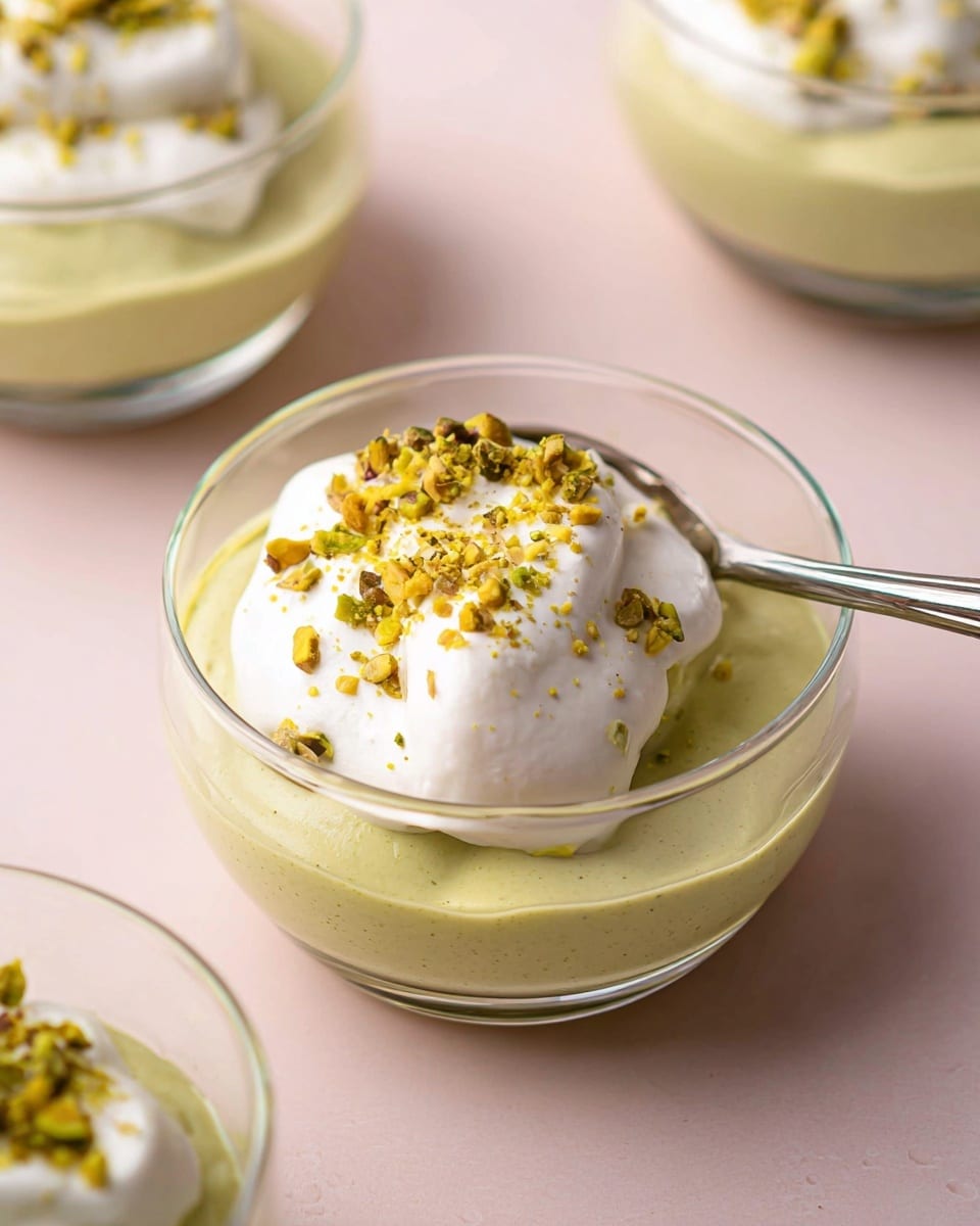 The image shows a clear glass bowl with two layers. The bottom layer is thick and smooth with a pale green color, resembling a creamy pistachio base. On top, there is a dollop of white whipped cream that looks light and fluffy. Scattered over the white layer are small crushed greenish-yellow bits of pistachio, adding texture and color contrast. A silver spoon is placed partially inside the bowl, resting against the side with its handle pointing outwards. The bowl sits on a light pink surface, with parts of two similar bowls blurred in the background. photo taken with an iphone --ar 4:5 --v 7