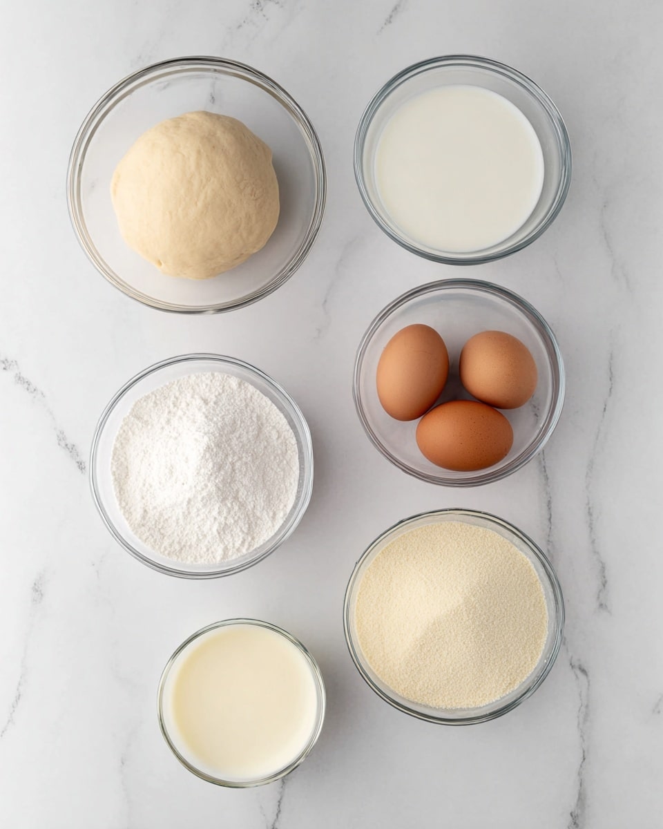 The image shows six clear glass bowls on a white marbled surface, each holding different ingredients. The top left bowl contains a smooth round ball of dough in light beige. To its right is a bowl filled with white milk, almost to the brim. Below the dough bowl is a bowl filled with white granulated sugar, and next to it on the right is a bowl holding three brown eggs. Below the sugar is a smaller bowl with cream or a similar white liquid, and to its right is a bowl filled with a pale yellow powder. The setup is clean and arranged neatly. photo taken with an iphone --ar 4:5 --v 7