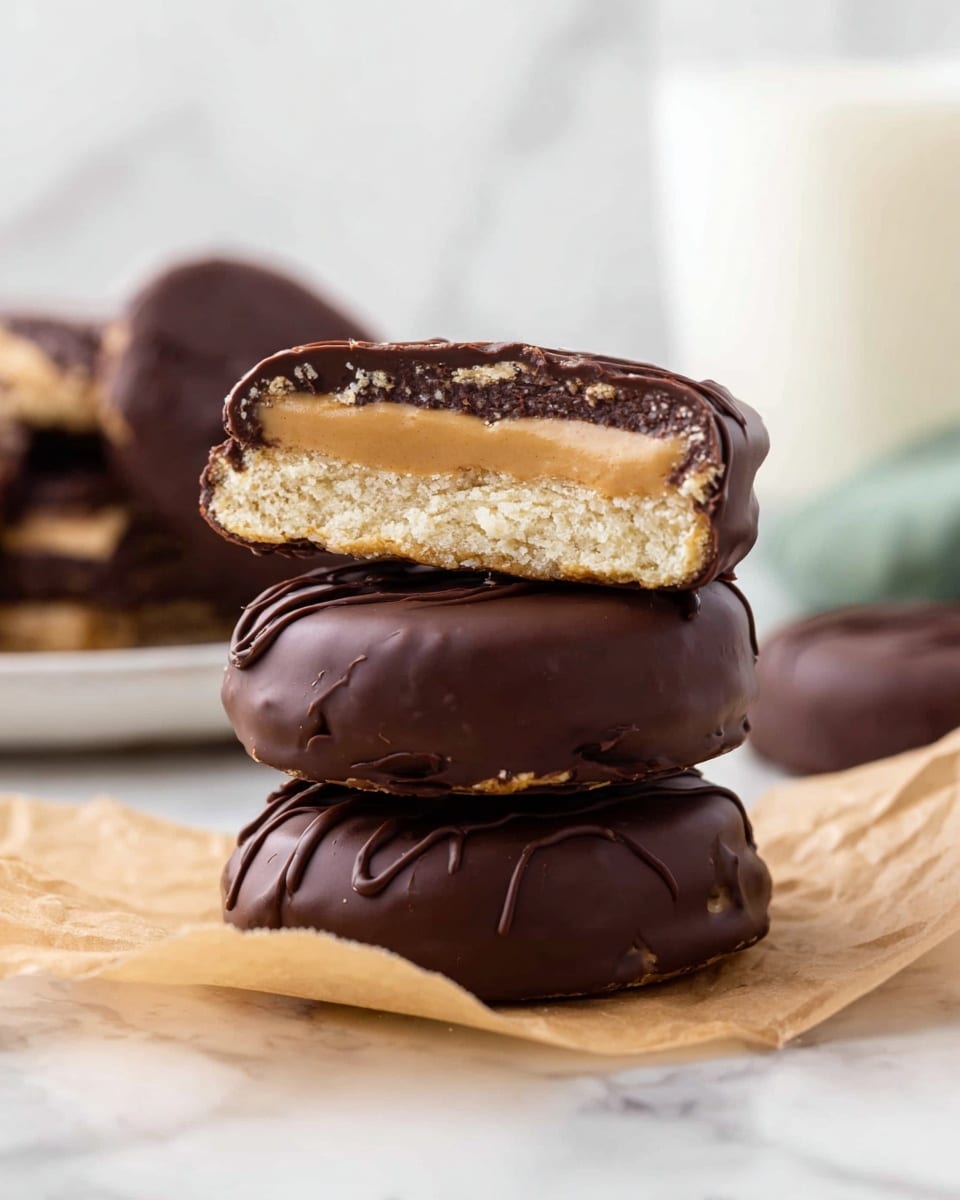A stack of three chocolate-covered round treats sits on a piece of brown parchment paper on a white marbled surface. The top treat is cut in half horizontally, showing three layers: a glossy dark chocolate coating on the outside, a thick creamy light brown peanut butter layer in the middle, and a crumbly beige cookie base at the bottom. The chocolate coating has a few wavy lines on its surface, adding texture. In the blurred background, there is a glass of milk and some more treats on a white plate. Photo taken with an iphone --ar 4:5 --v 7