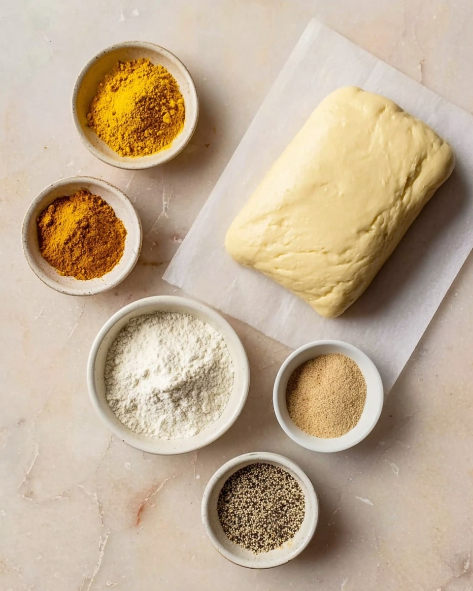 The image shows a white marbled surface with a block of smooth, pale yellow dough or butter placed on a white paper sheet in the top right corner. Surrounding it are five small white bowls arranged in a loose semi-circle around the bottom and left side of the dough. The bowls each contain different finely ground spices or powders: bright yellow turmeric powder on the top left, a finely ground light brown powder below it, a white powder in the center, a coarse black and white pepper mix below that, and a tan powder on the bottom right. The textures of the powders range from fine and smooth to slightly grainy. photo taken with an iphone --ar 4:5 --v 7
