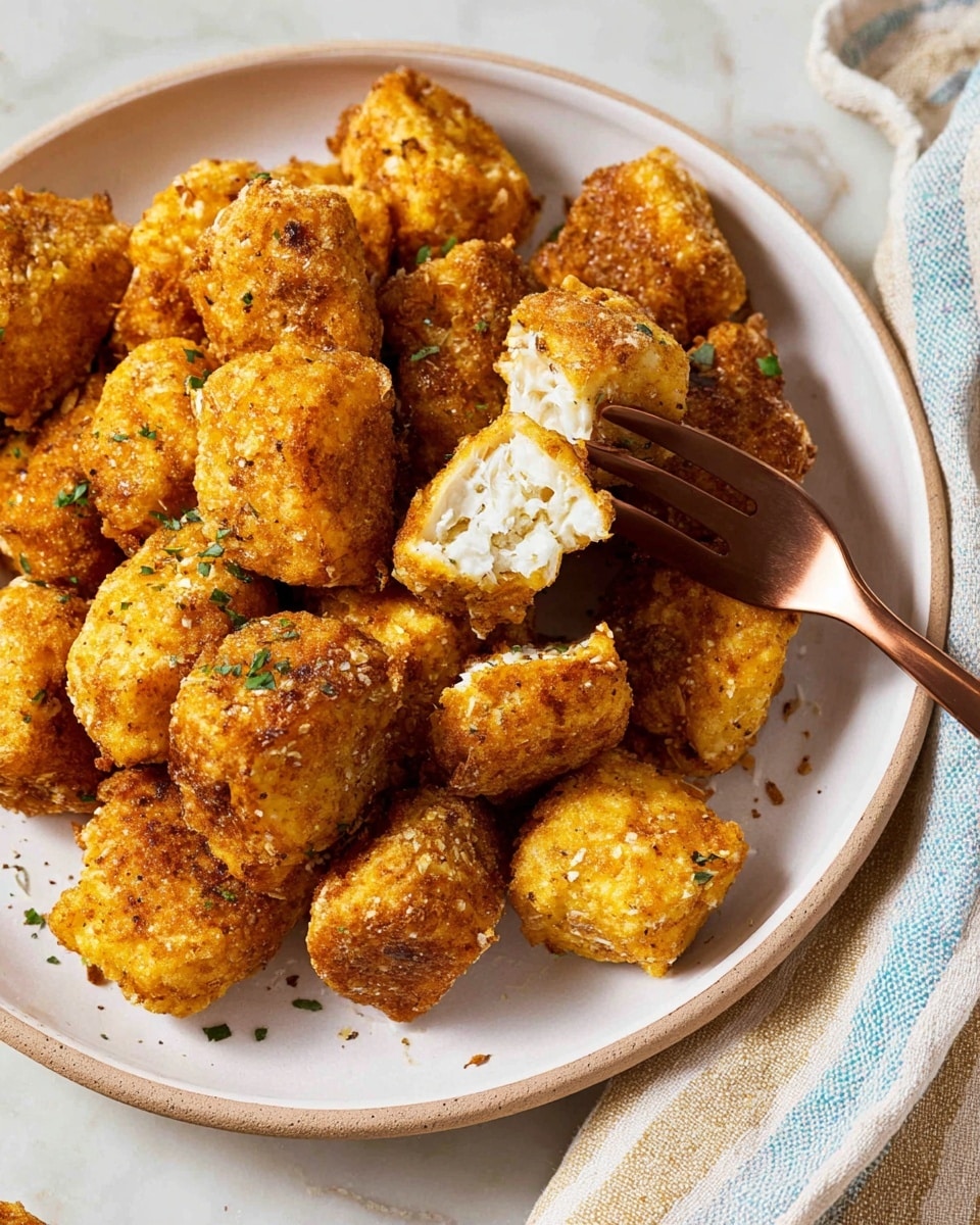 A white plate filled with golden crispy nuggets piled up close together, showing a rough and crunchy texture on their surface. One nugget is pierced by a shiny copper fork, revealing a soft, white inside with a tender texture. Small green herb bits are scattered lightly over the nuggets. The plate rests on a white marbled surface next to a light blue and beige striped cloth. The warm colors of the nuggets contrast with the clean white plate and textured background. Photo taken with an iphone --ar 4:5 --v 7