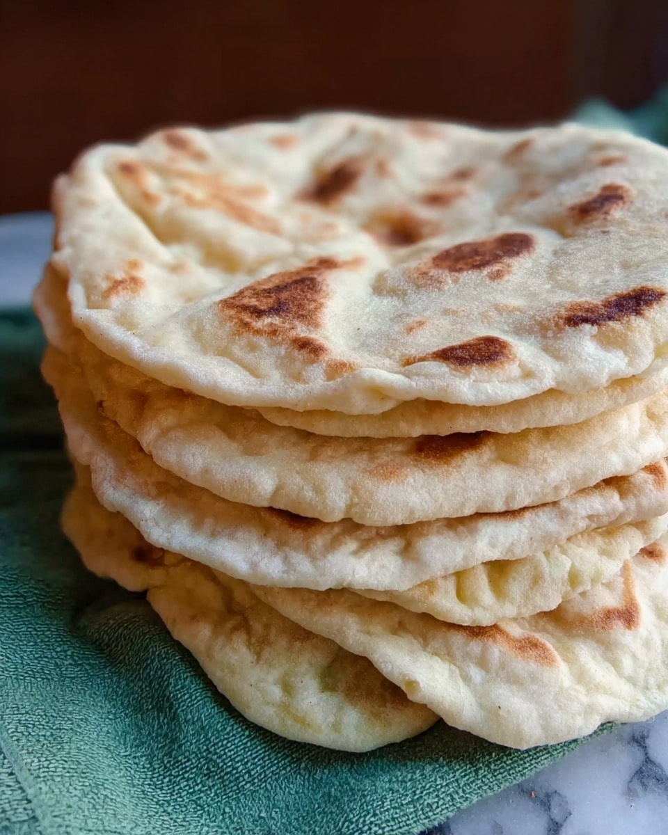 A stack of six flatbreads is shown in close-up, each layer soft and slightly puffed with uneven golden brown spots on the pale cream surface. The edges are thick and rounded, with subtle texture marks where the bread rose during cooking. The stack rests on a green cloth, with a white marbled surface beneath it. Photo taken with an iphone --ar 4:5 --v 7