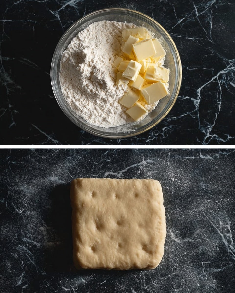 The first image shows a clear glass bowl filled with a mixture of white flour, light yellow butter chunks, and white solid fat, all sitting on a black marbled surface. The second image shows a square piece of pale beige dough with small dimples all over it, lying flat on the same black marbled surface. photo taken with an iphone --ar 4:5 --v 7