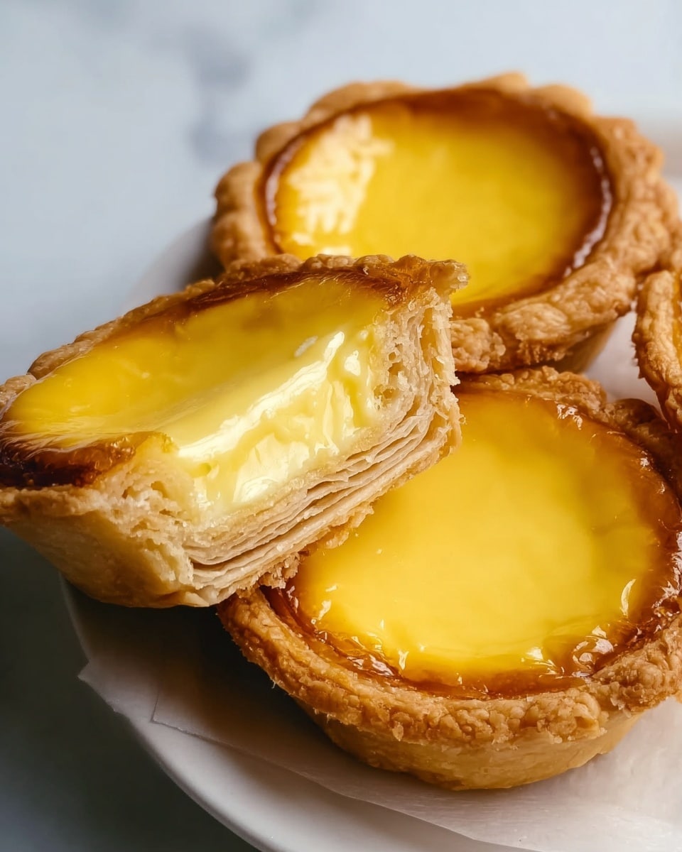 The image shows three egg tarts on a white plate, placed on a white marbled surface. Each tart has a shiny, smooth yellow custard filling that looks creamy and rich. One tart is sliced in half, showing a thick custard layer inside with a light brown, flaky pastry crust around it. The crust looks crunchy and crumbly with visible layers. The tarts are close together, highlighting their round shapes and golden yellow tops. Photo taken with an iphone --ar 4:5 --v 7