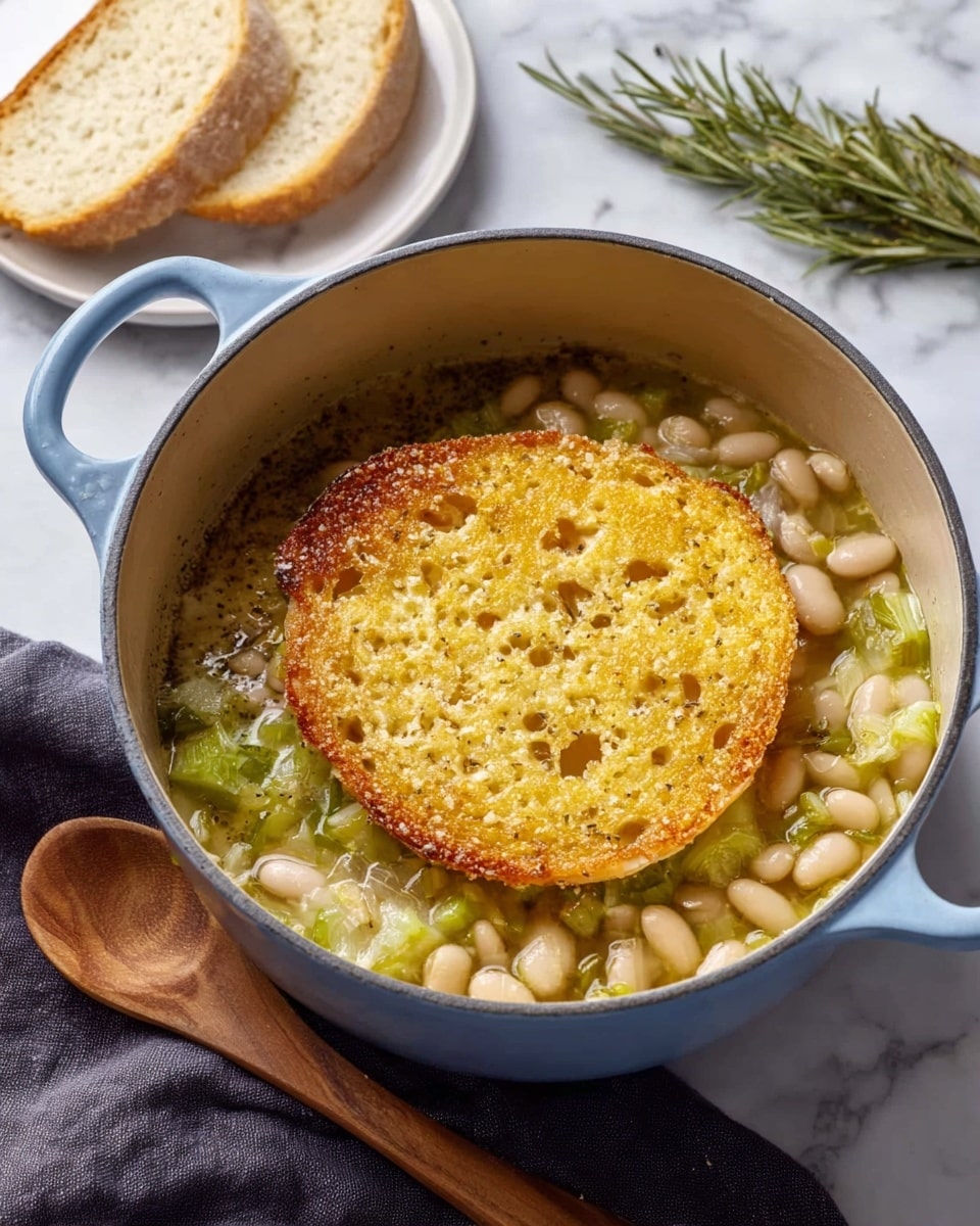 A light blue pot sits on a white marbled surface with a wooden spoon in front. Inside the pot, there is a layer of soft white beans mixed with small pieces of green vegetables, floating in a light broth. On top of the beans, a large, round, golden-yellow, crispy cheese layer covers the center fully, showing many small holes and a slightly jagged edge. Near the pot, there are two slices of white bread on a white plate and a sprig of green rosemary resting on a dark gray cloth. Photo taken with an iphone --ar 4:5 --v 7