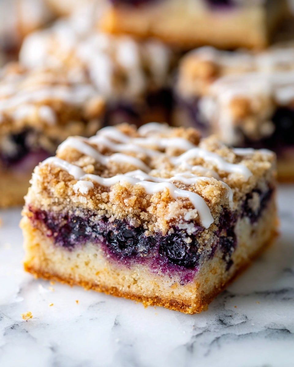 The image shows a close-up of a dessert bar with four layers. The bottom layer is a light golden crust that looks firm and slightly crumbly. Above it is a thick layer filled with dark purple berries mixed into a moist cake-like texture. The third layer is a golden brown crumb topping, soft and chunky. The top layer is drizzled with white icing in thin lines over the crumb topping. The dessert is set on a white marbled surface with blurred pieces of the same dessert in the background. photo taken with an iphone --ar 4:5 --v 7