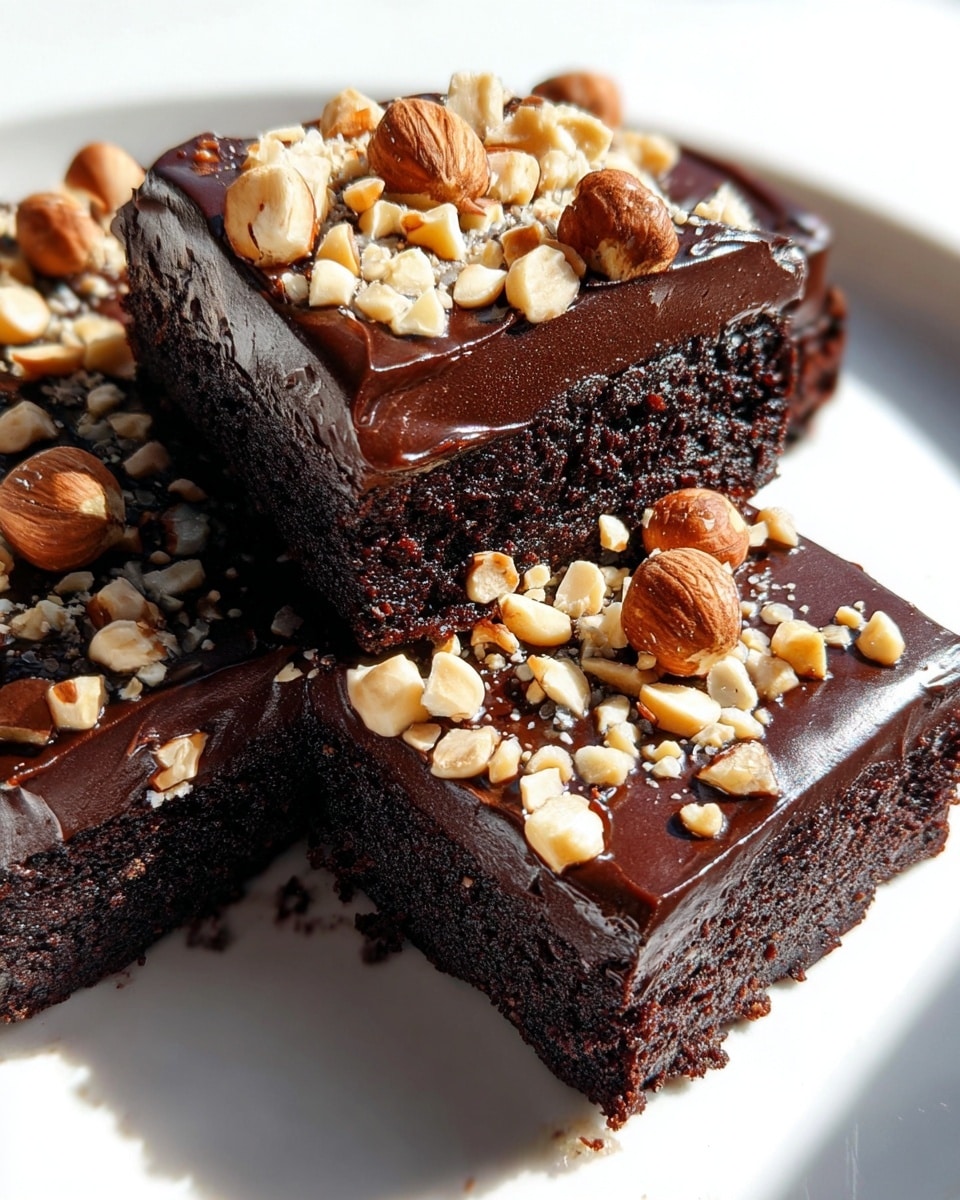 A close-up view of three square chocolate brownies on a white plate with a white marbled texture background, each brownie has two layers: a dark, dense, moist chocolate base layer, topped with a shiny, thick layer of dark chocolate frosting that looks smooth and rich. The brownies are sprinkled generously with whole and chopped hazelnuts, giving a rough texture and contrasting light brown color on top. One brownie is slightly lifted, resting on another, revealing the thick, fudgy inside. The bright sunlight creates sharp shadows and highlights, adding depth to the textures. photo taken with an iphone --ar 4:5 --v 7