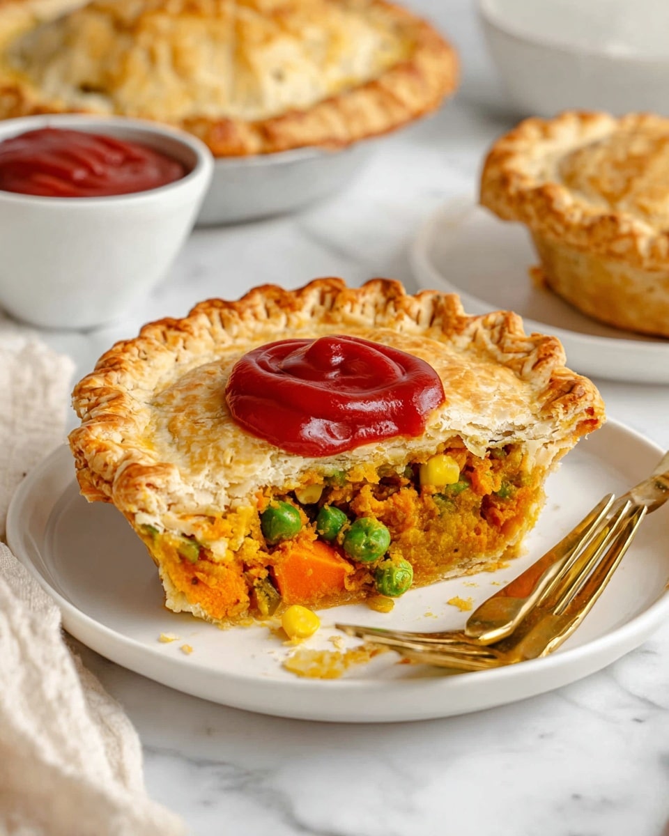 A golden brown pie with a flaky, crimped crust sits on a white plate, showing a bite taken out of it to reveal layers inside. The filling includes chunks of orange sweet potato, green peas, and yellow corn mixed in a creamy, thick sauce. On top of the pie filling, there is a bright red dollop of ketchup. A gold fork rests on the plate beside the pie. In the background, there is a white bowl filled with ketchup and other whole pies with the same golden crust. The setting is on a white marbled surface. photo taken with an iphone --ar 4:5 --v 7