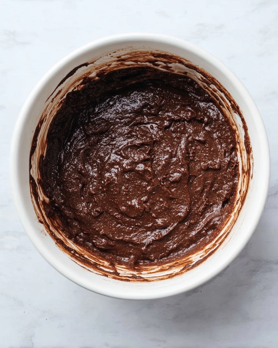 A white bowl filled with thick, dark brown chocolate batter with a glossy, textured surface showing small lumps and swirls. The batter is spread evenly in the bowl with smudges of chocolate around the inner sides. The bowl sits on a white marbled surface. photo taken with an iphone --ar 4:5 --v 7