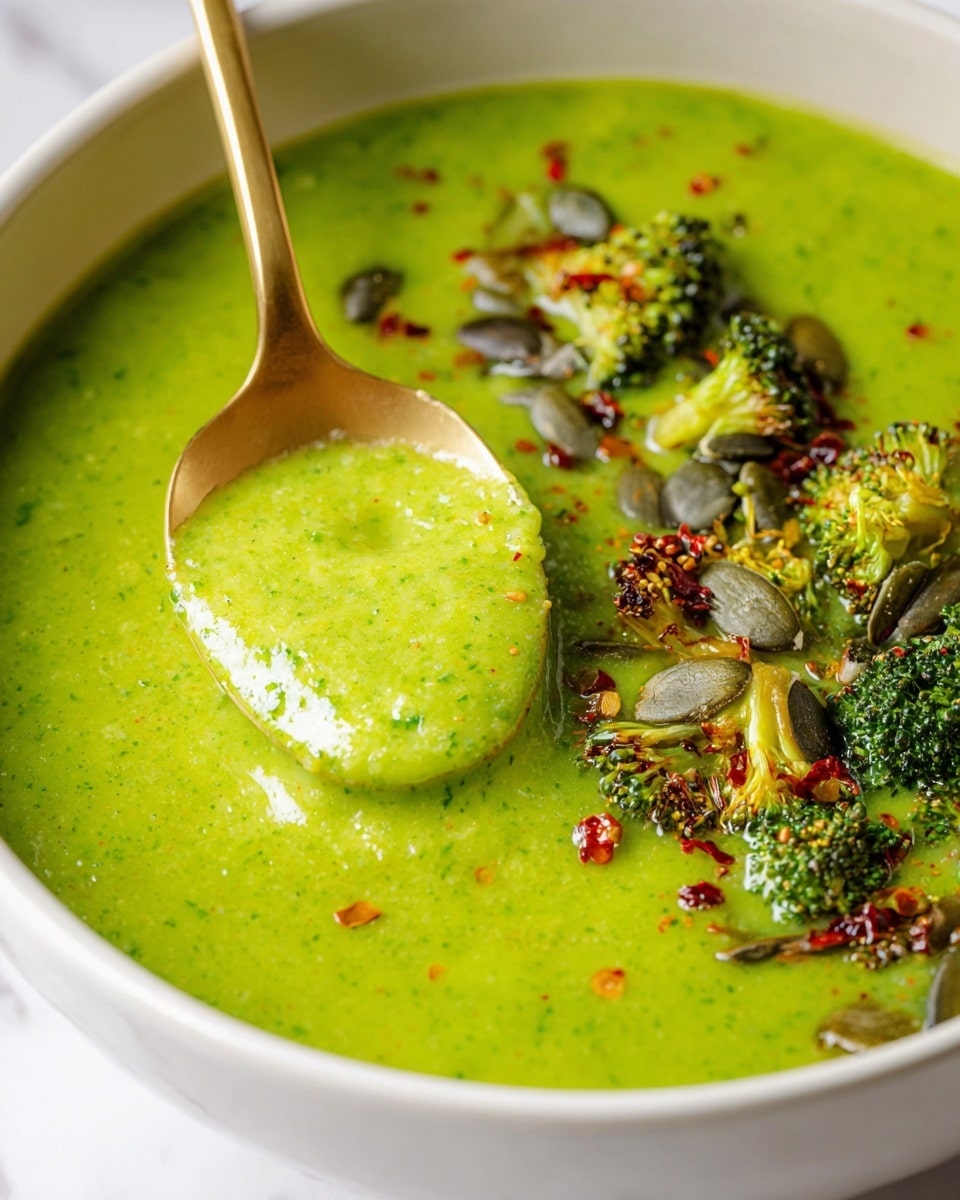 A close-up view of a thick, bright green soup in a white bowl with a smooth, creamy texture. The soup is garnished with small pieces of roasted broccoli, dark green pumpkin seeds, and red pepper flakes scattered on the surface. A shiny golden spoon is scooping up a portion of the soup, showing its dense consistency. The bowl sits on a white marbled surface, enhancing the fresh colors of the soup and toppings. photo taken with an iphone --ar 4:5 --v 7