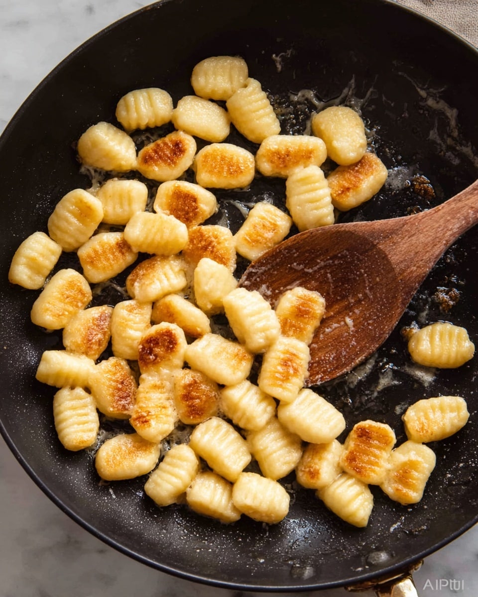 The image shows a black pan filled with about 35 pieces of golden brown gnocchi, each piece having a soft, slightly ridged texture. The gnocchi are scattered across the pan, some pieces with light crisp spots, showing they are lightly fried. A round wooden spoon with a smooth surface and a light brown handle rests inside the pan, positioned diagonally from top right to center. The background is a white marbled surface. photo taken with an iphone --ar 4:5 --v 7