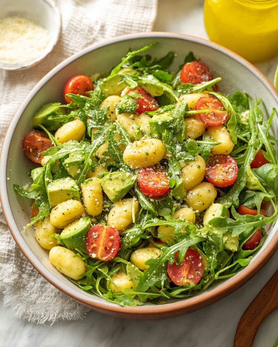 A white bowl filled with a fresh salad shows bright green arugula leaves as the base layer, topped with light yellow gnocchi pieces spread evenly throughout. Mixed in are sliced vibrant red cherry tomatoes, and small pieces of green avocado add more color and texture. The salad is lightly sprinkled with a pale powdered cheese or seasoning, giving it a slightly dusty look. The white marbled surface beneath the bowl adds a clean, bright background, along with a blurred yellow jar and light cloth in the background. Photo taken with an iphone --ar 4:5 --v 7